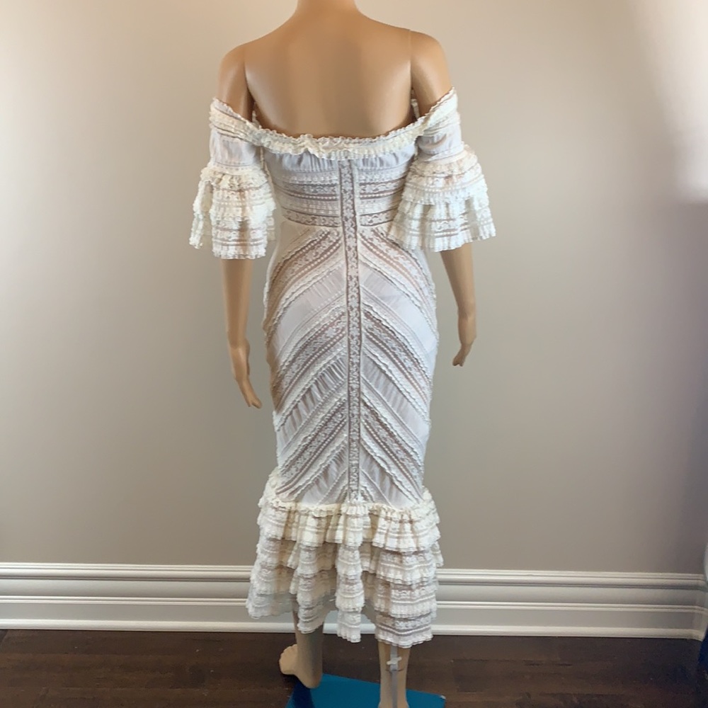 Cinq a Sept Naya ivory off the shoulder lace mermaid midi dress - Picture 7 of 8